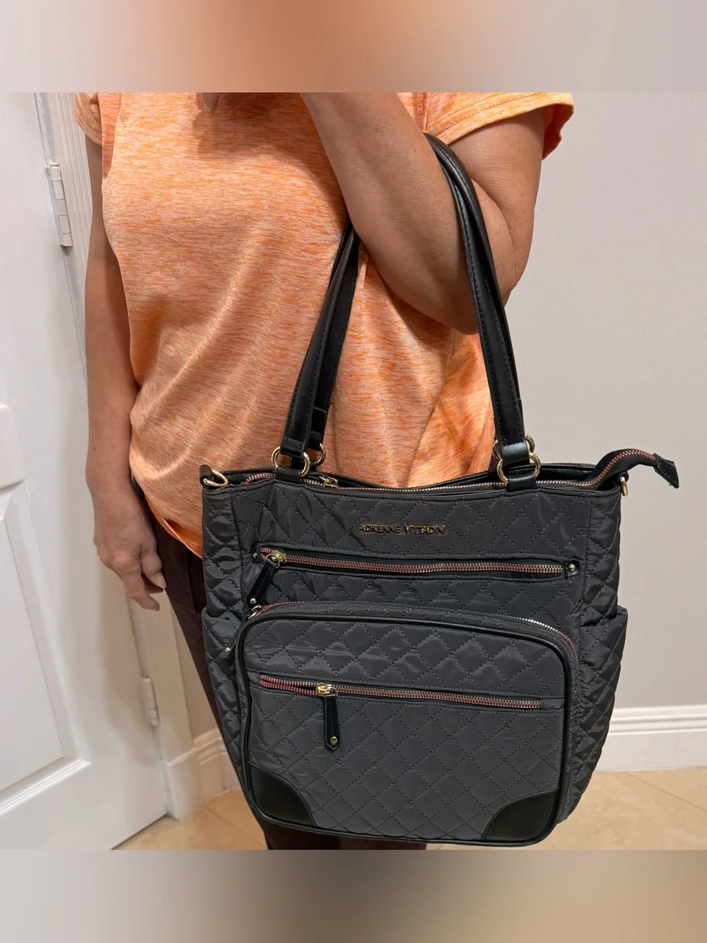 Adrienne Vittadini Quilted Black Tote Bag with Top Handles. Very Good Condition